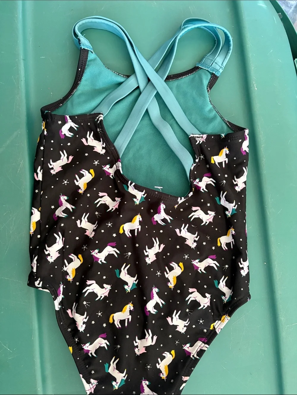 Girls Black Unicorn One-Piece Swimsuit with Teal Straps 5t